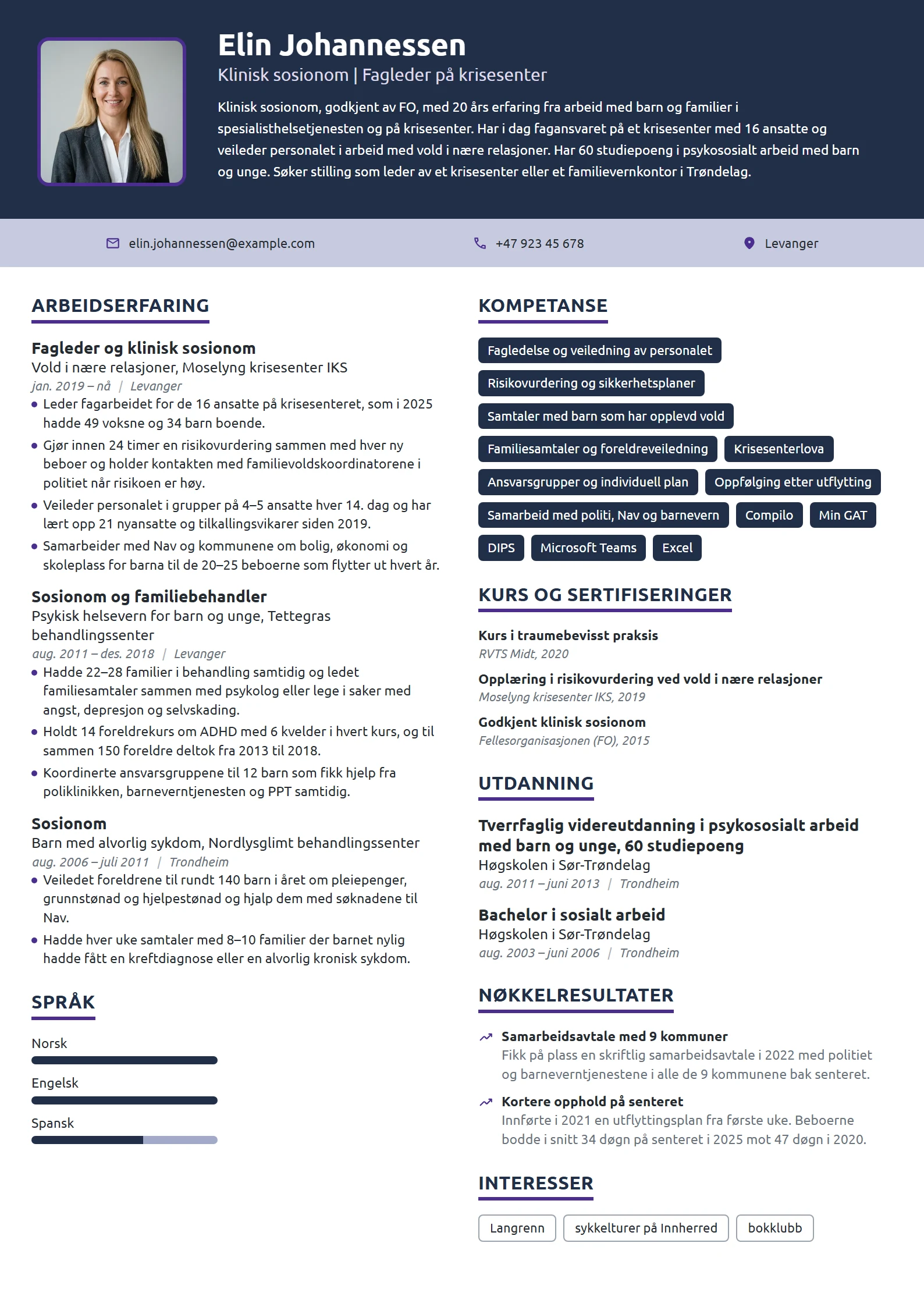 CV-eksempel for fagleder og klinisk sosionom, krisesenter