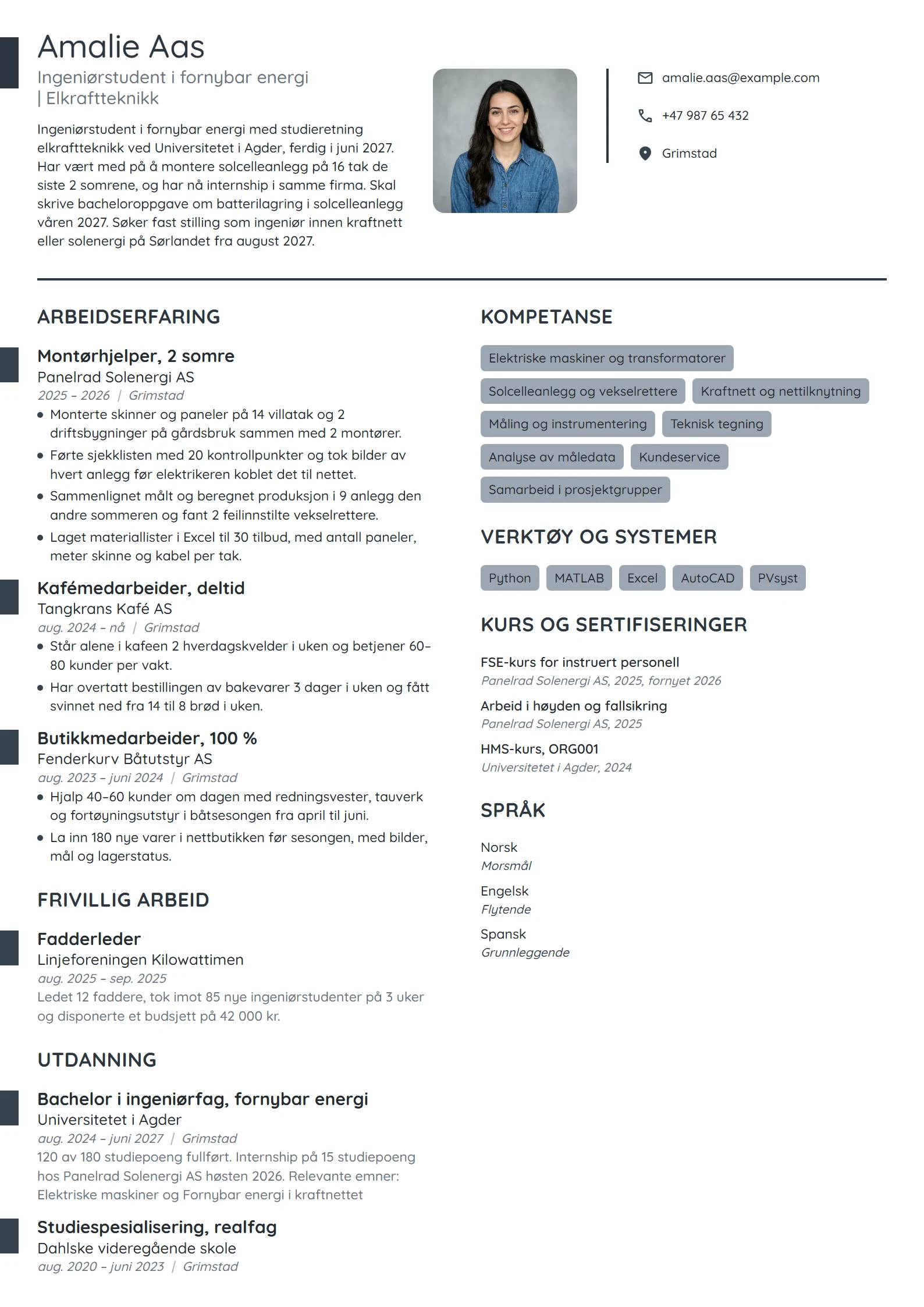 CV-eksempel for ingeniørstudent i fornybar energi