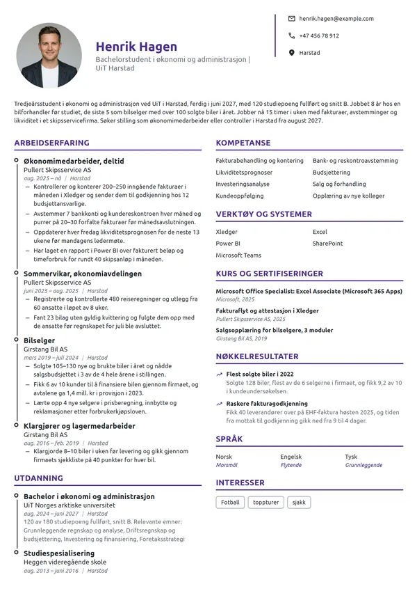 CV-eksempel for økonomistudent med arbeidserfaring