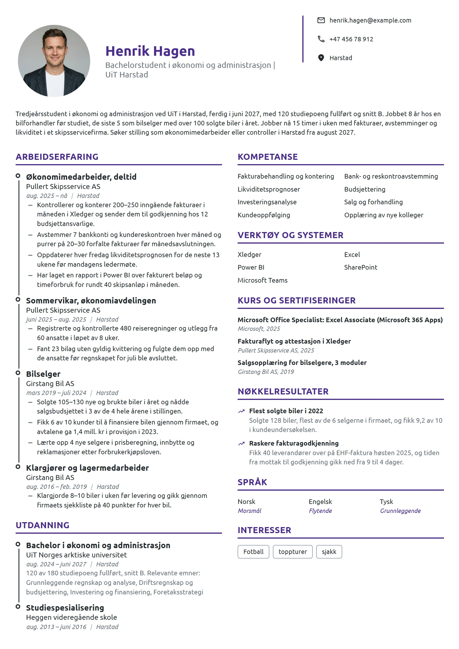 CV-eksempel for økonomistudent med arbeidserfaring