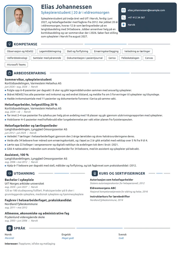 CV-eksempel for sykepleierstudent med fagbrev