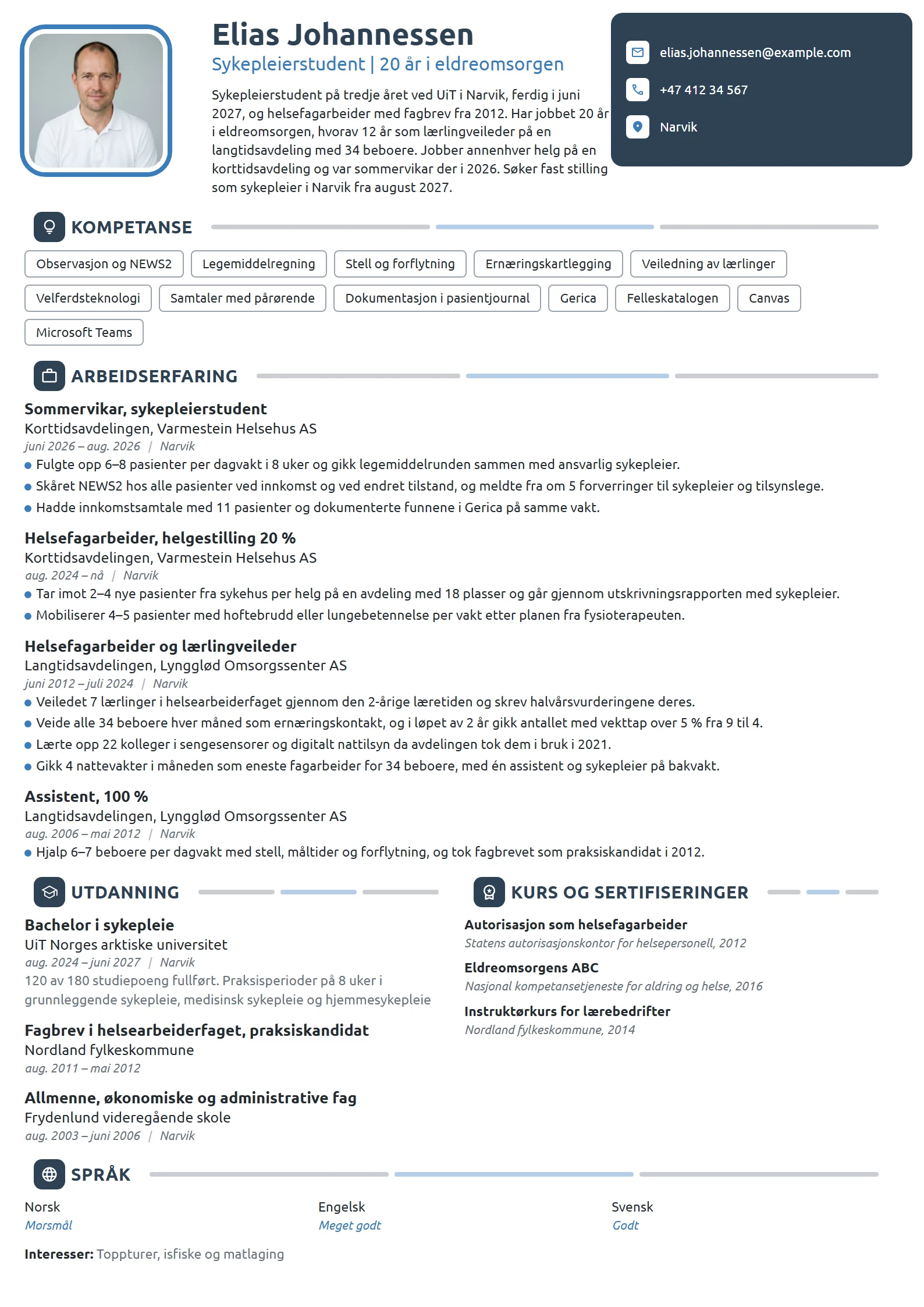 CV-eksempel for sykepleierstudent med fagbrev