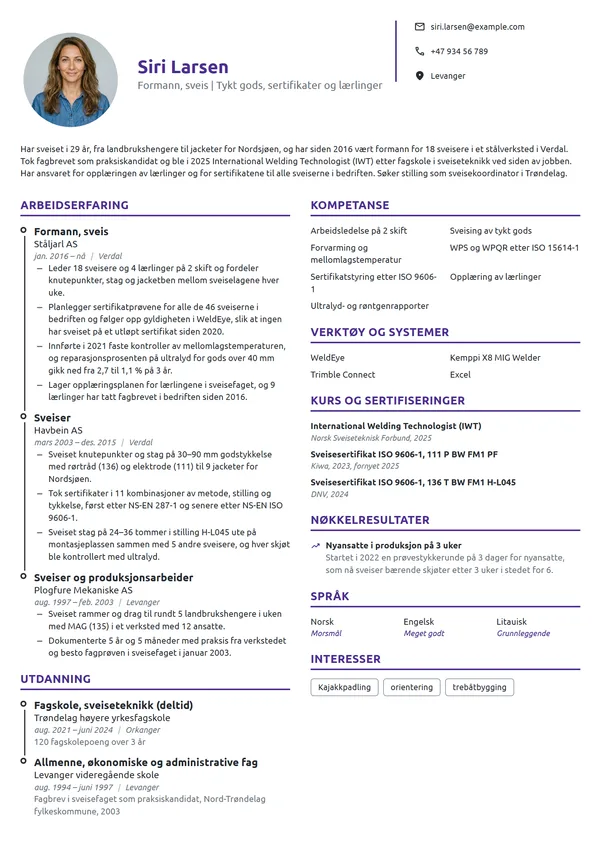 CV-eksempel for sveiseformann med IWT-diplom