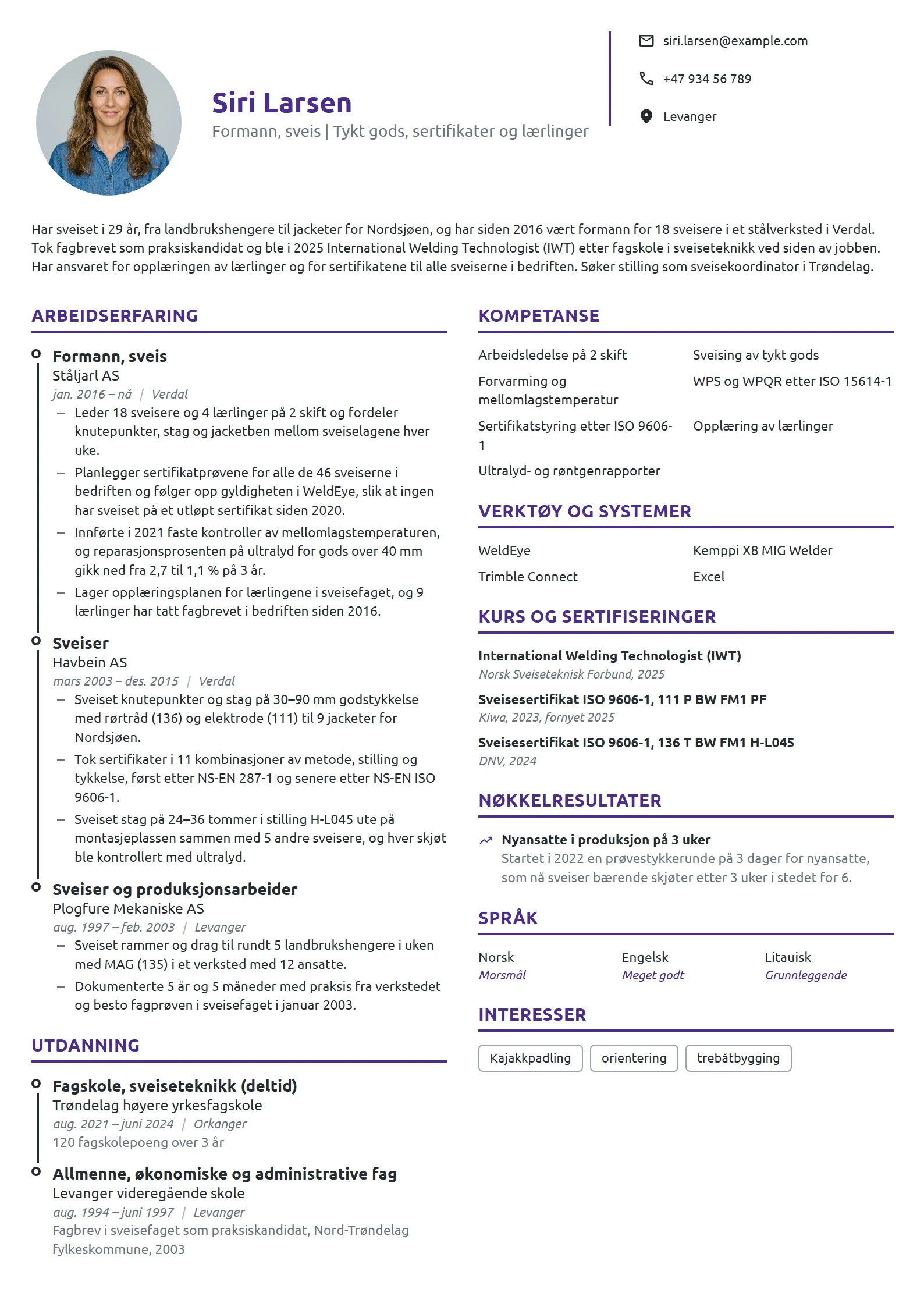 CV-eksempel for sveiseformann med IWT-diplom