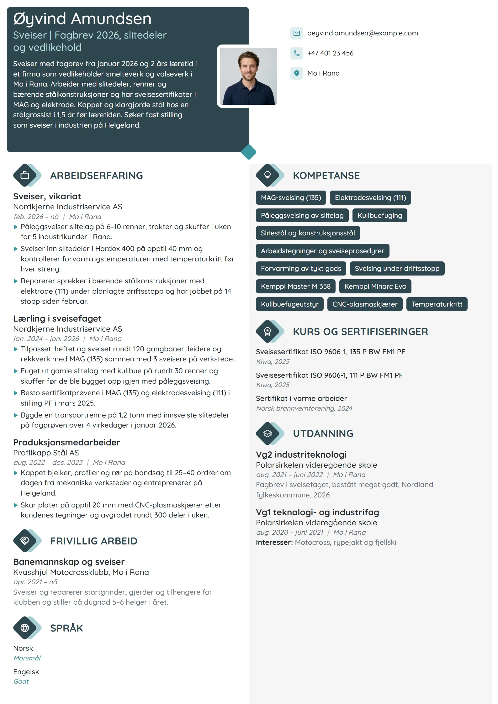 CV-eksempel for nyutdannet sveiser
