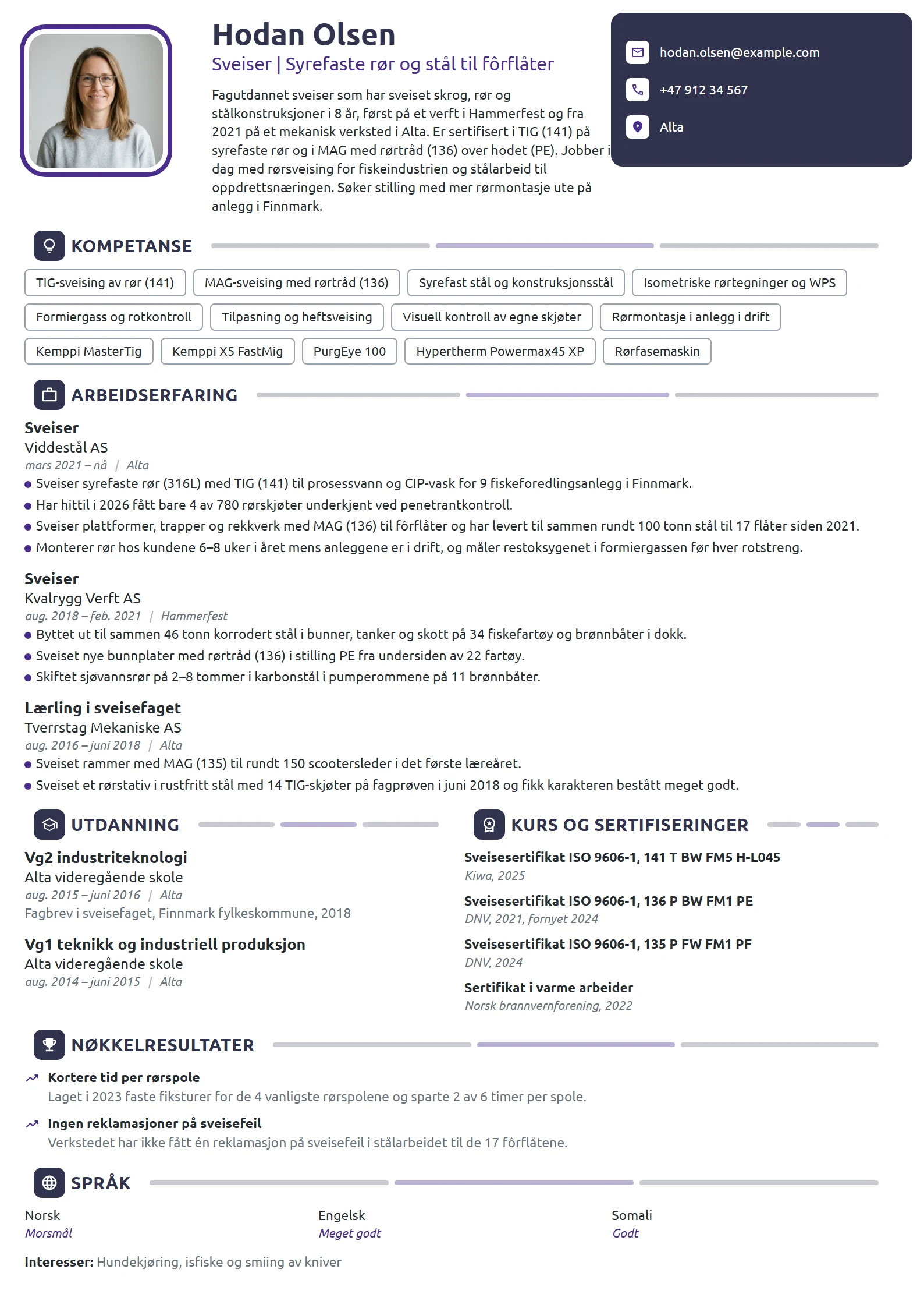 CV-eksempel for sveiser, rør og stålkonstruksjoner