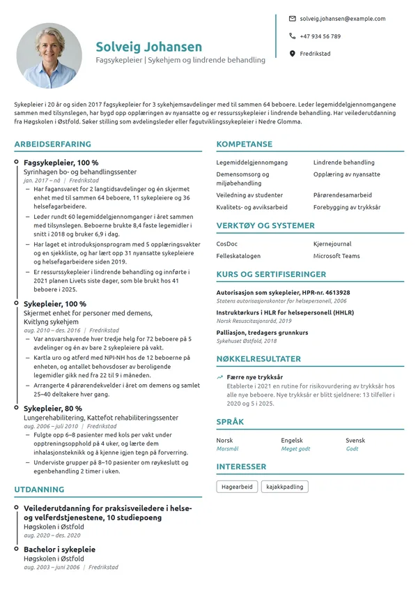 CV-eksempel for fagsykepleier på sykehjem