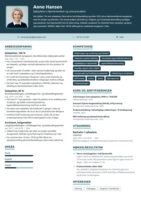 CV-eksempel for sykepleier, hjertemedisinsk sengepost