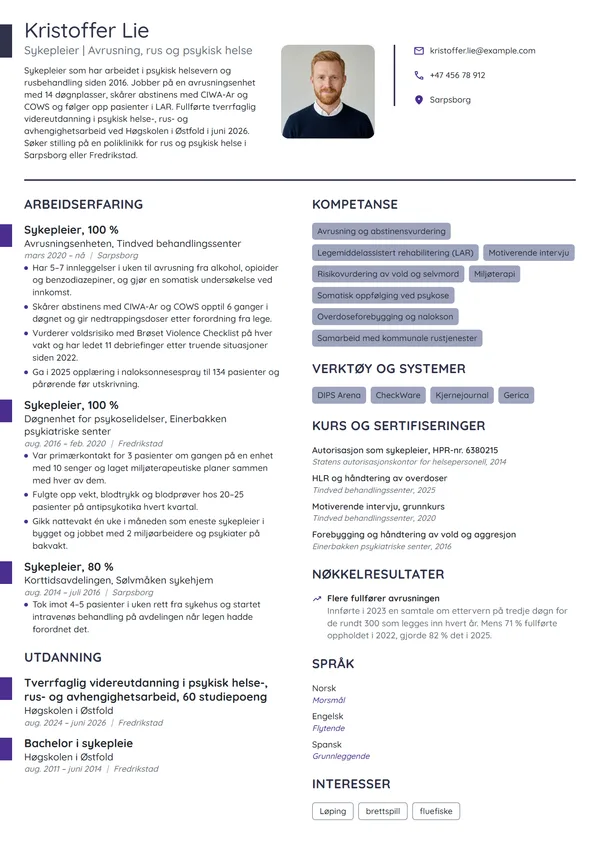 CV-eksempel for sykepleier i rus og psykisk helse