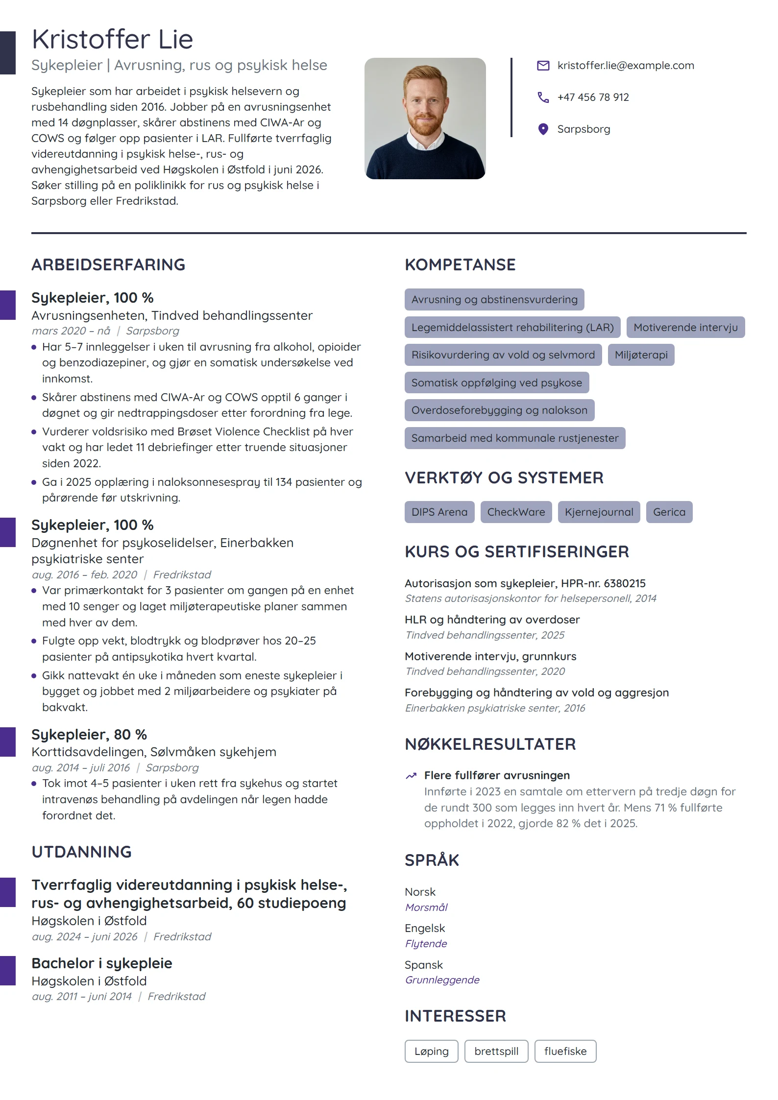 CV-eksempel for sykepleier i rus og psykisk helse