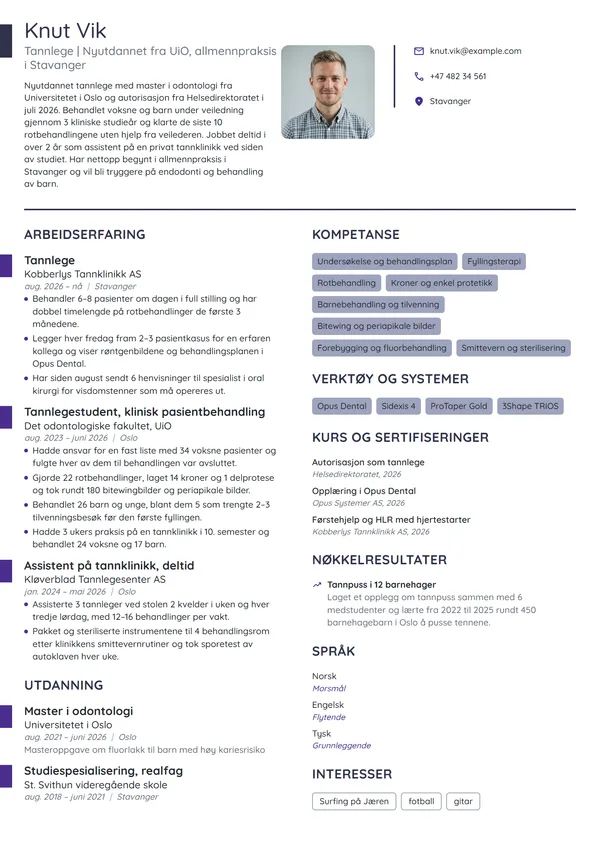 CV-eksempel for nyutdannet tannlege