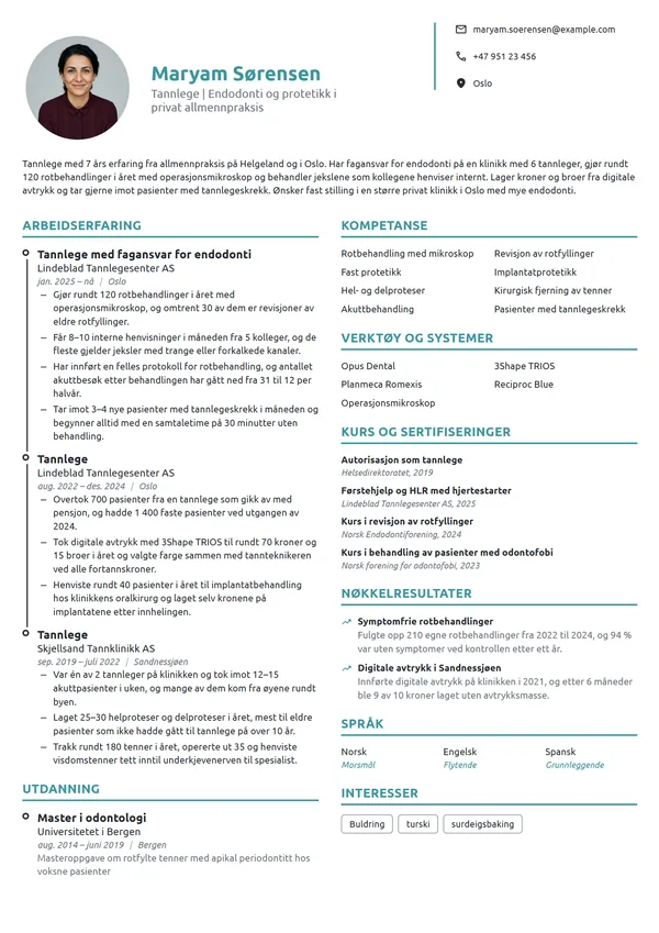 CV-eksempel for tannlege i privat allmennpraksis