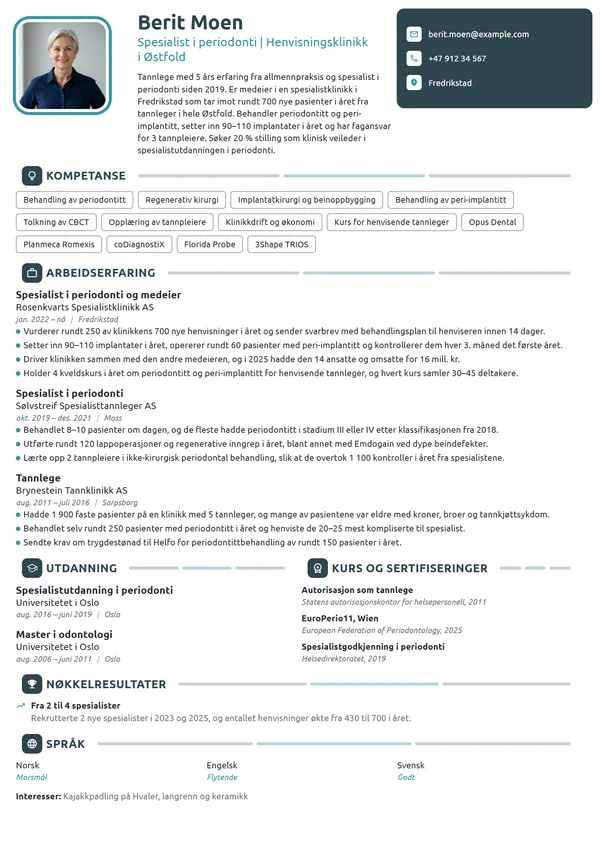 CV-eksempel for tannlege, spesialist i periodonti