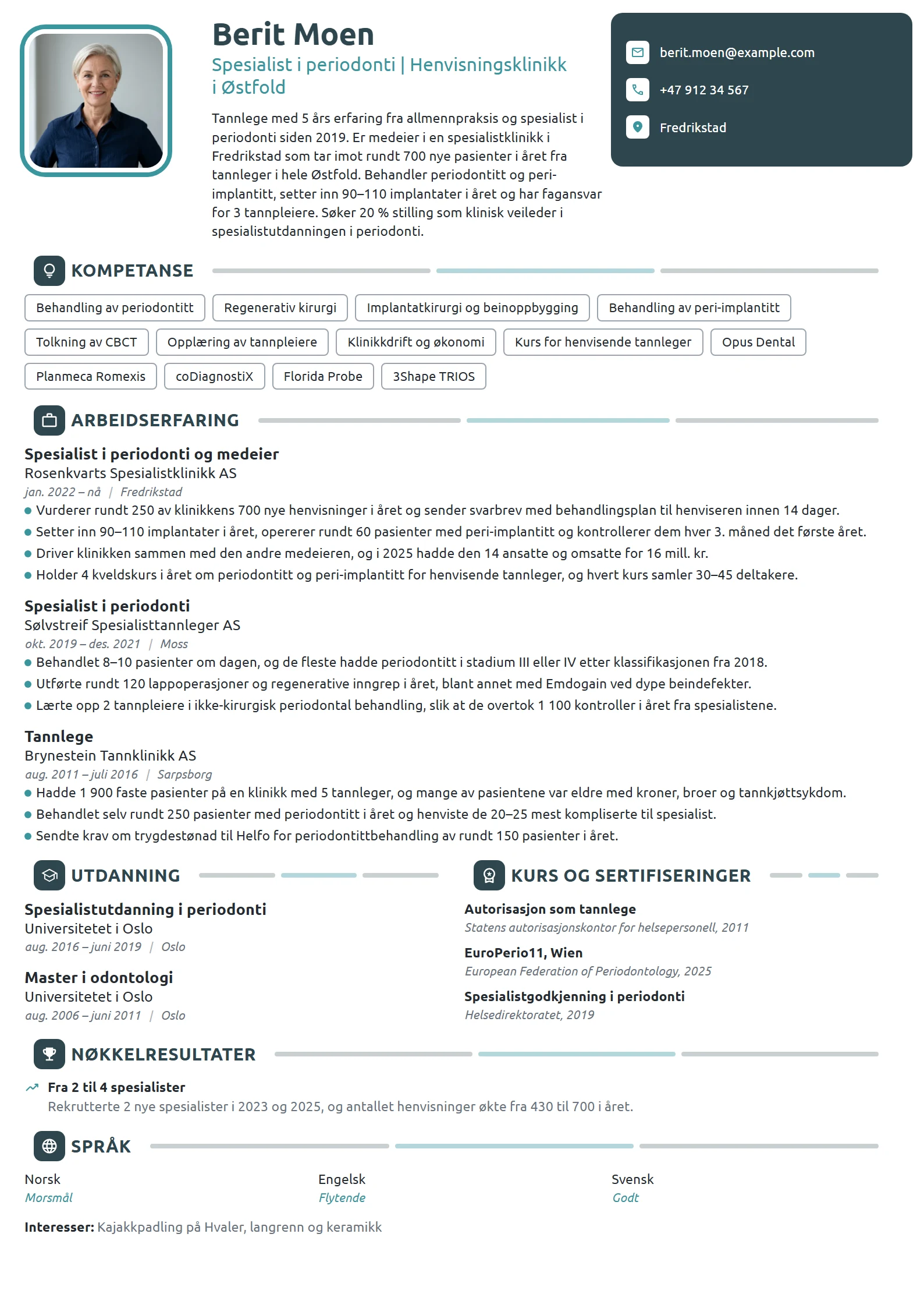 CV-eksempel for tannlege, spesialist i periodonti