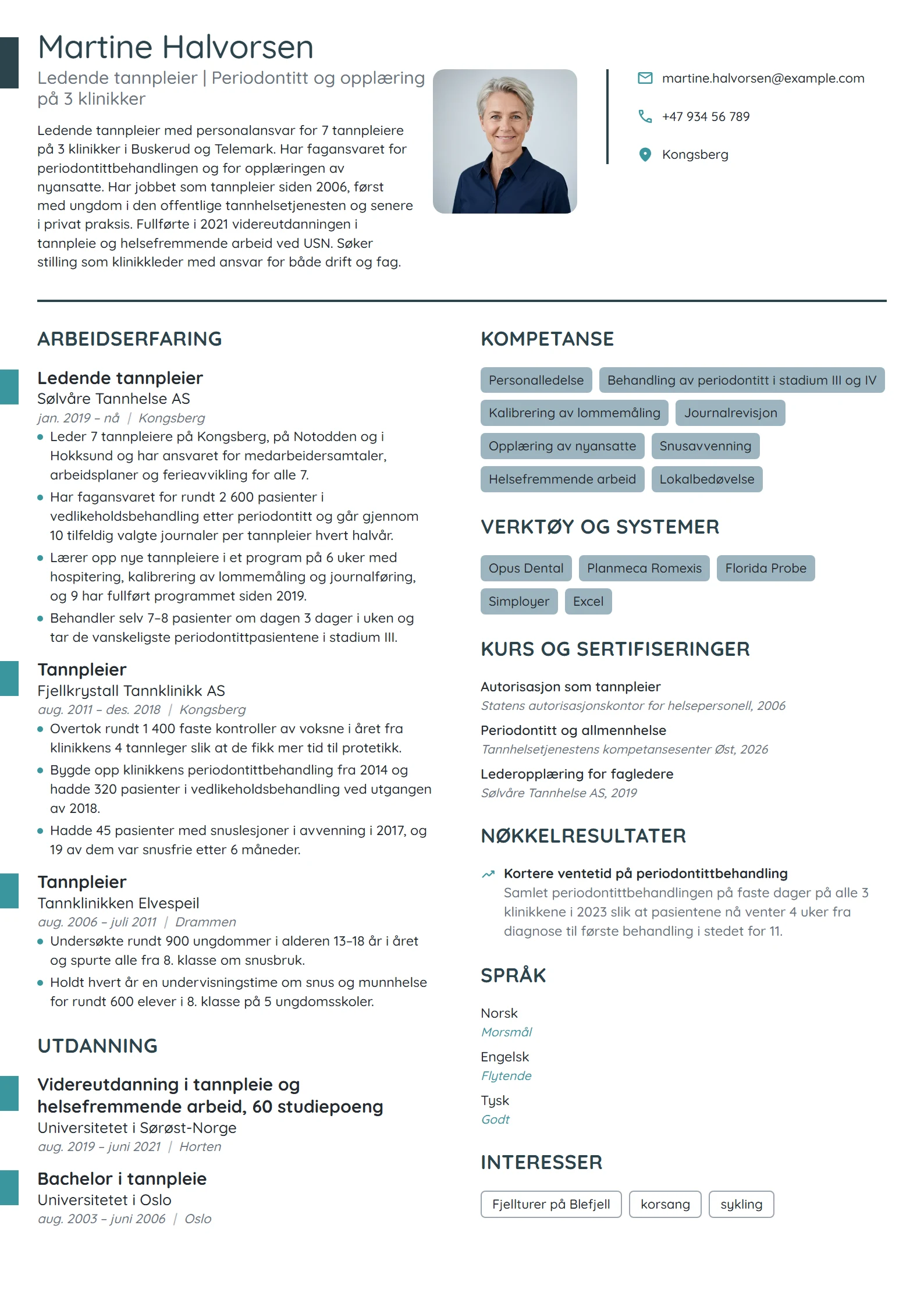 CV-eksempel for ledende tannpleier