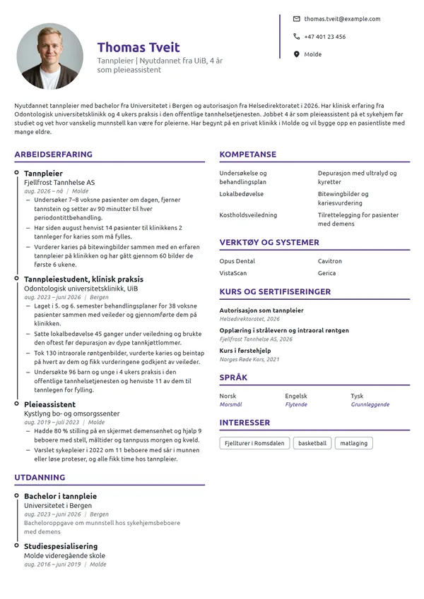 CV-eksempel for nyutdannet tannpleier