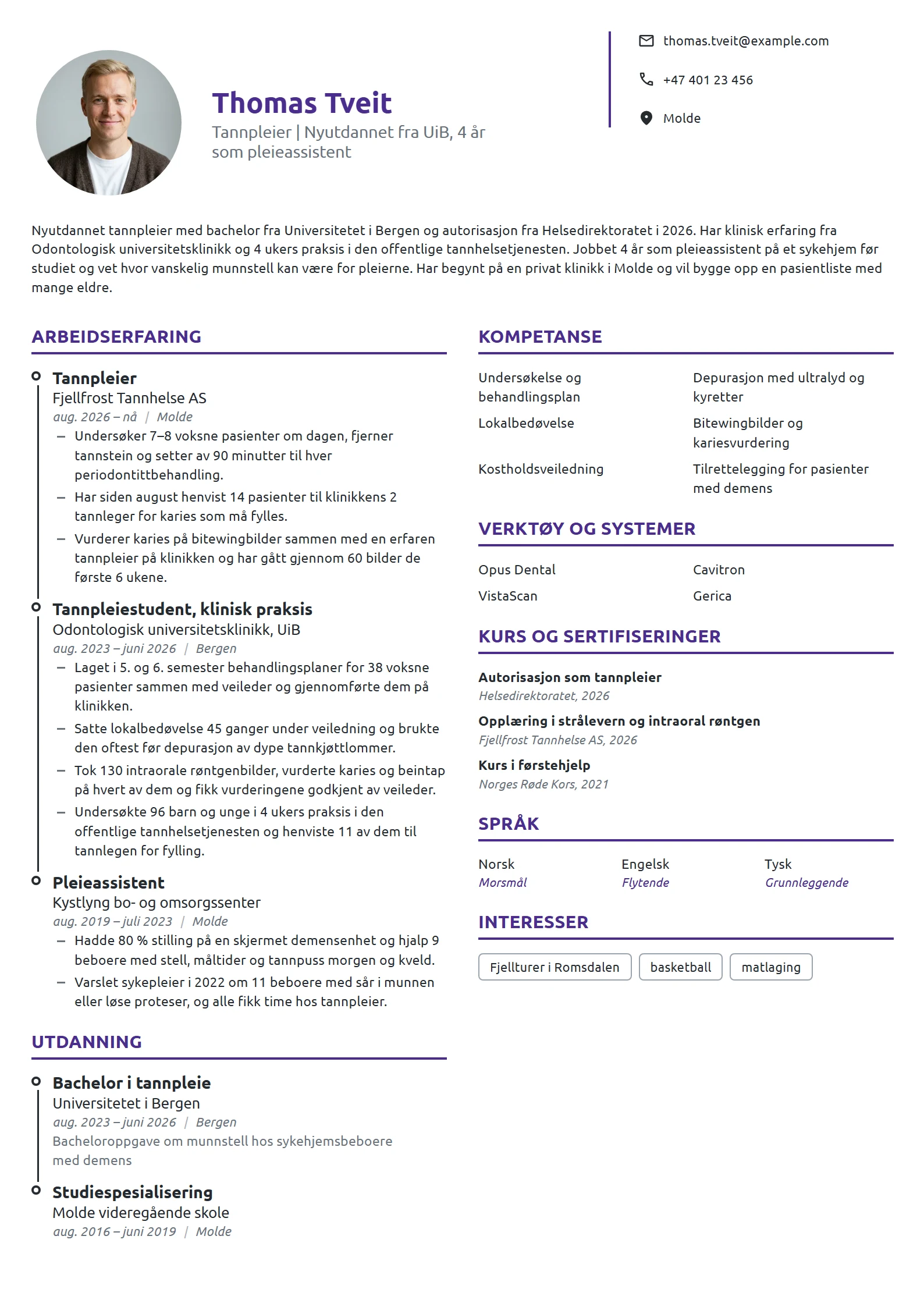 CV-eksempel for nyutdannet tannpleier