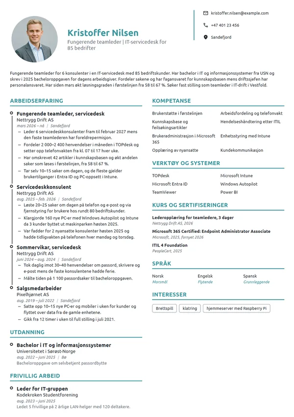 CV-eksempel for fungerende teamleder i servicedesk