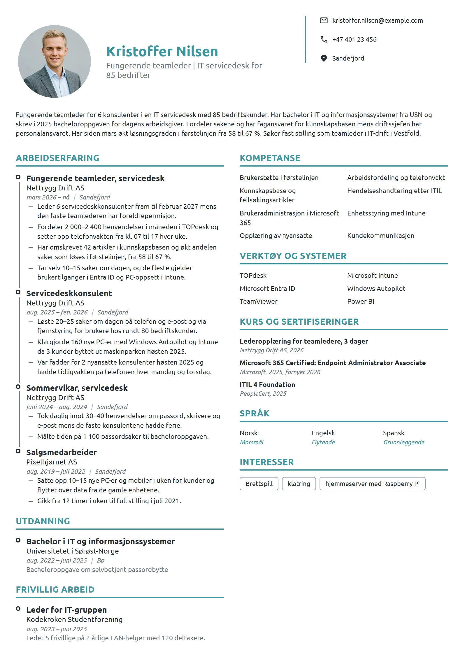 CV-eksempel for fungerende teamleder i servicedesk