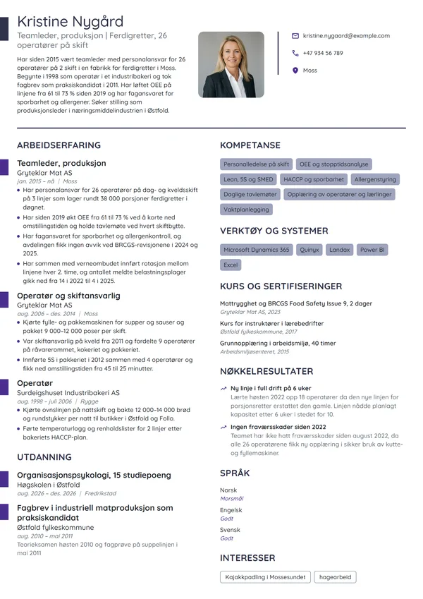 CV-eksempel for teamleder i matproduksjon