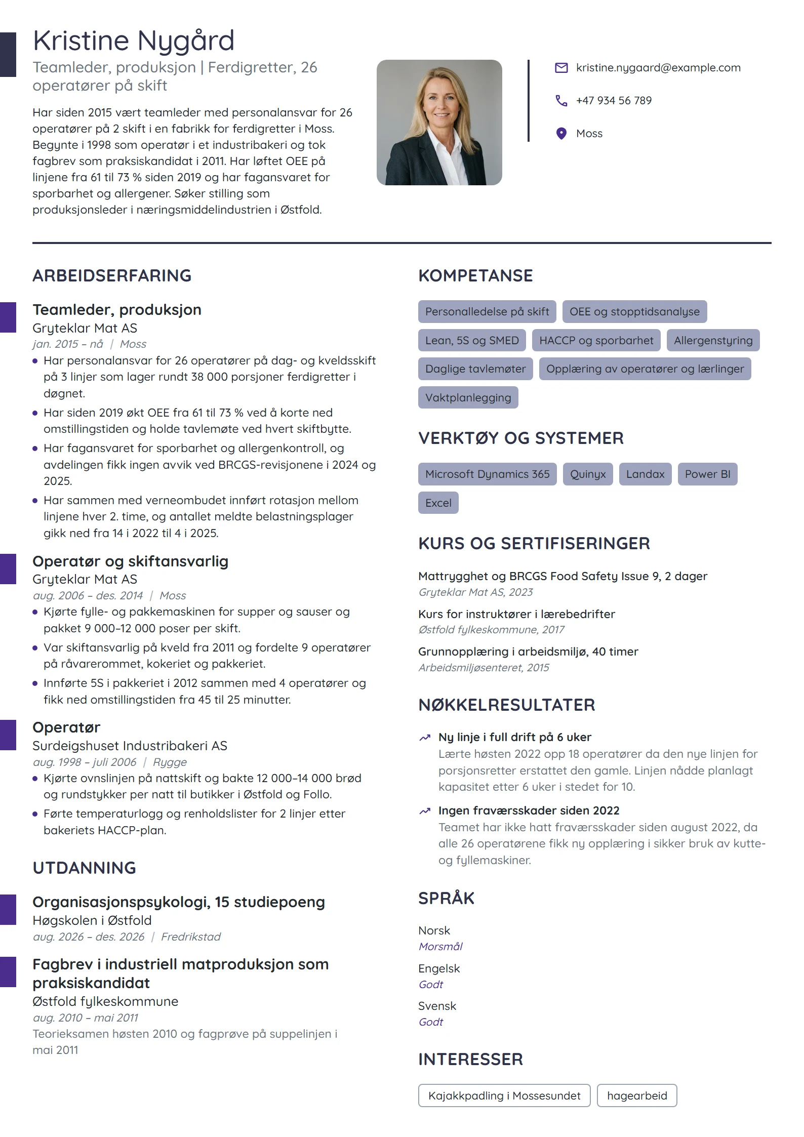 CV-eksempel for teamleder i matproduksjon