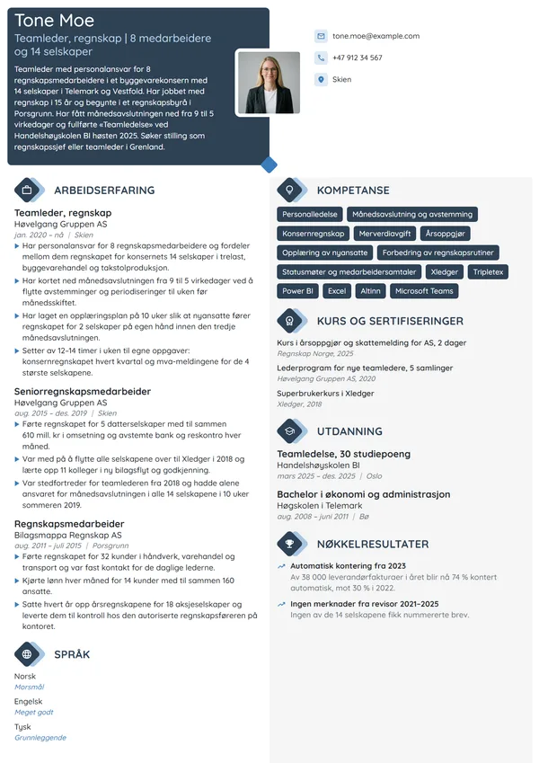 CV-eksempel for teamleder i regnskapsavdeling