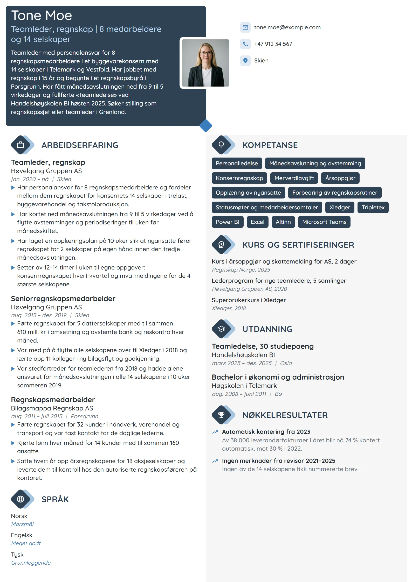 CV-eksempel for teamleder i regnskapsavdeling
