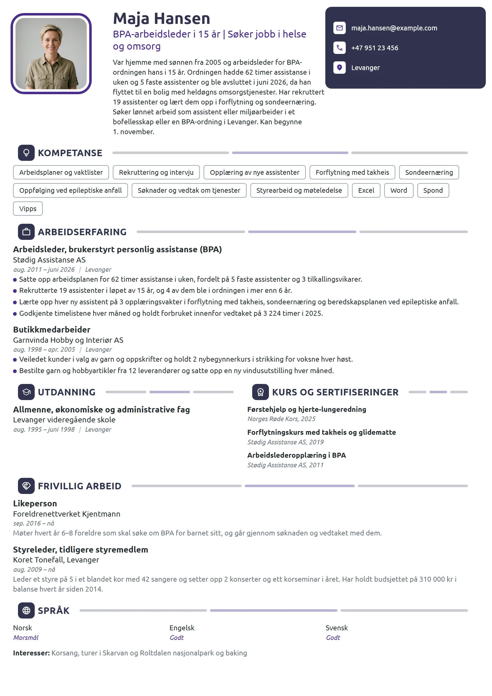 CV-eksempel for pårørende med 15 år som BPA-arbeidsleder