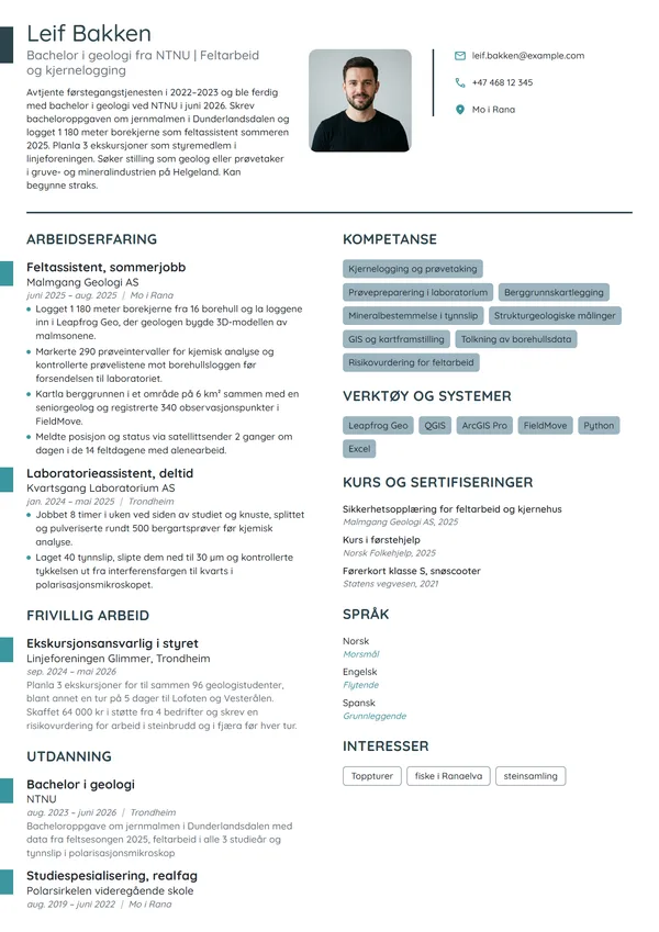 CV-eksempel for nyutdannet geolog med 2 studentjobber