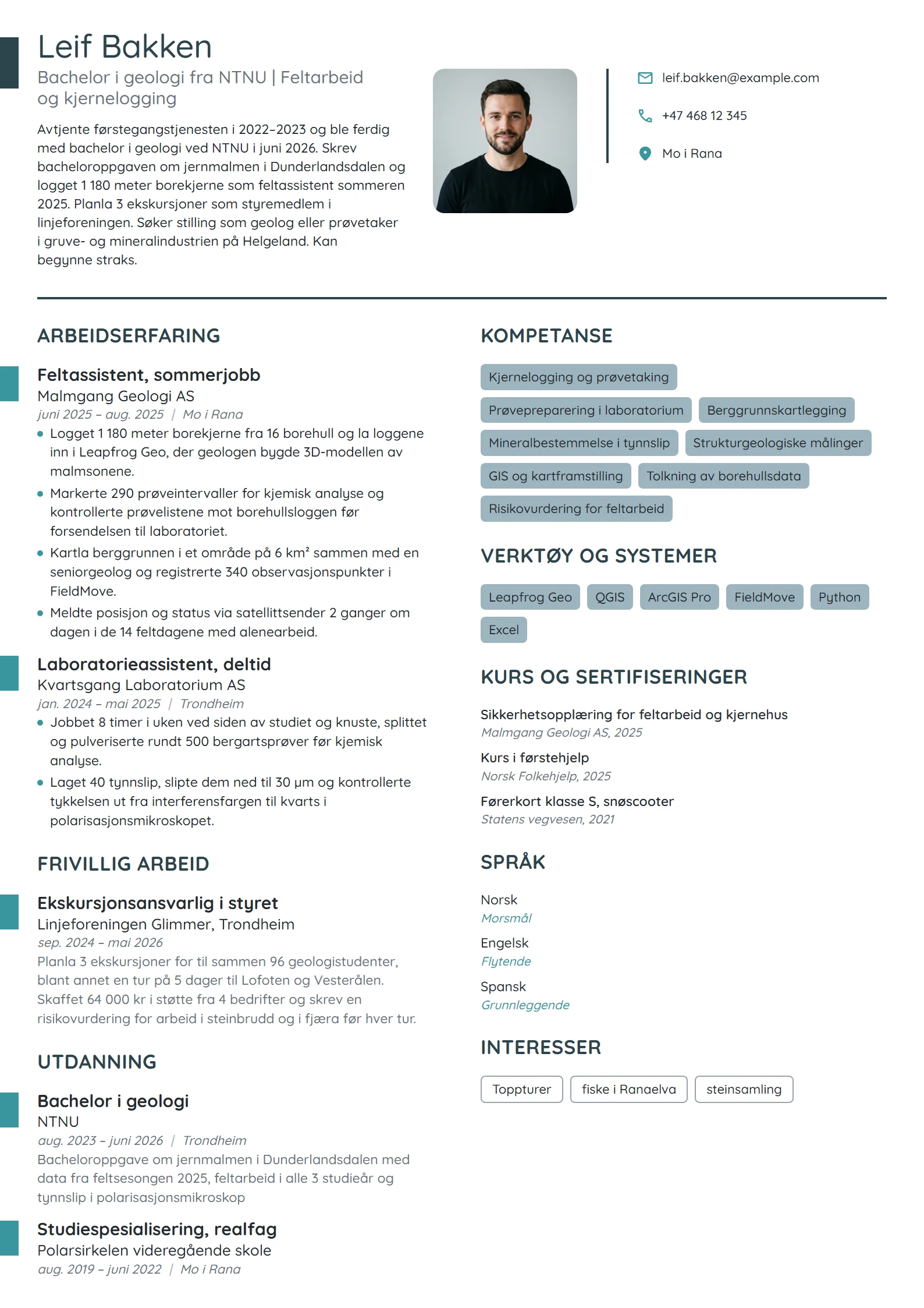 CV-eksempel for nyutdannet geolog med 2 studentjobber