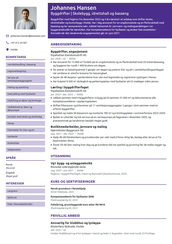 CV-eksempel for nyutdannet byggdrifter