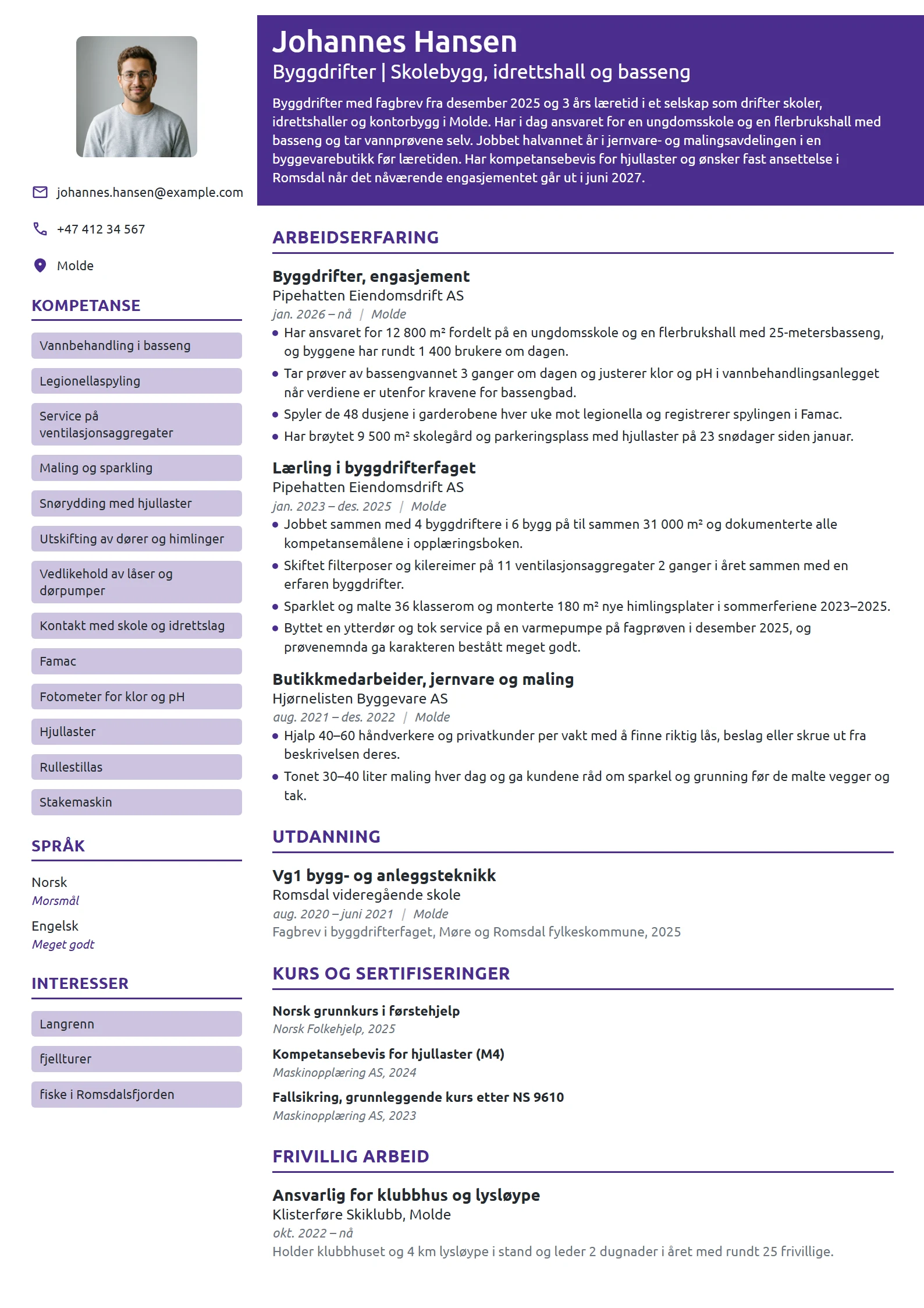CV-eksempel for nyutdannet byggdrifter