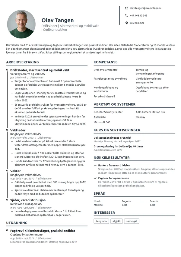 CV-eksempel for driftsleder, alarmsentral og vakt