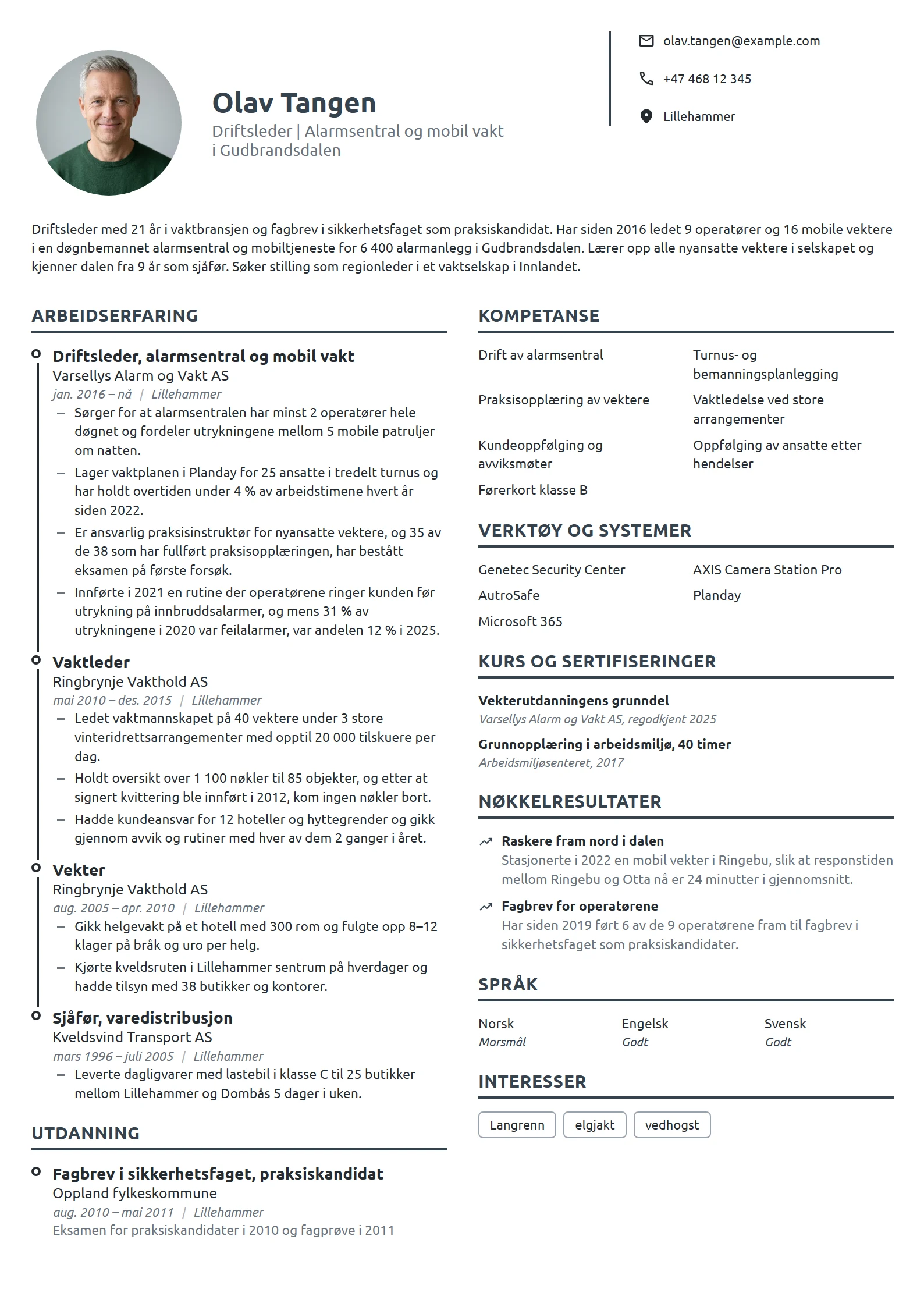 CV-eksempel for driftsleder, alarmsentral og vakt