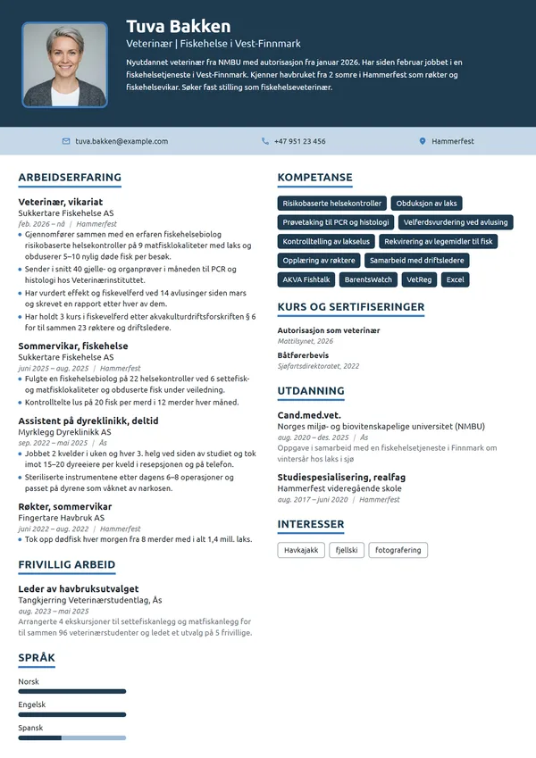 CV-eksempel for nyutdannet veterinær i fiskehelse