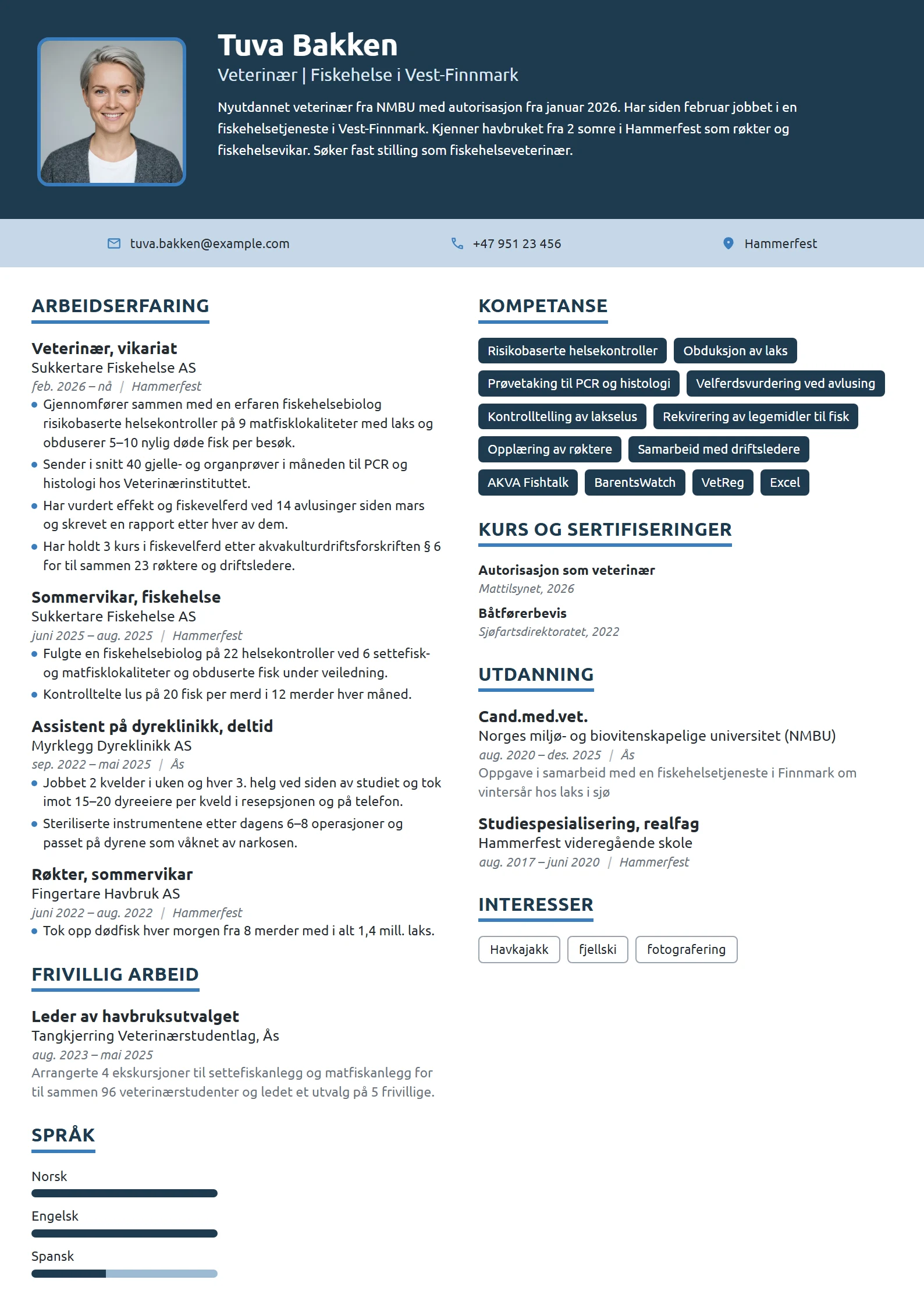 CV-eksempel for nyutdannet veterinær i fiskehelse