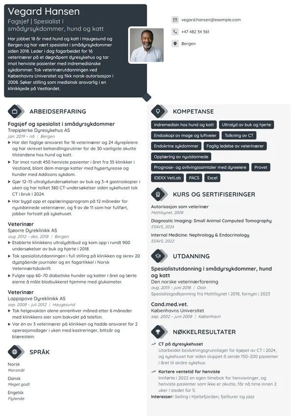 CV-eksempel for spesialist i smådyrsykdommer