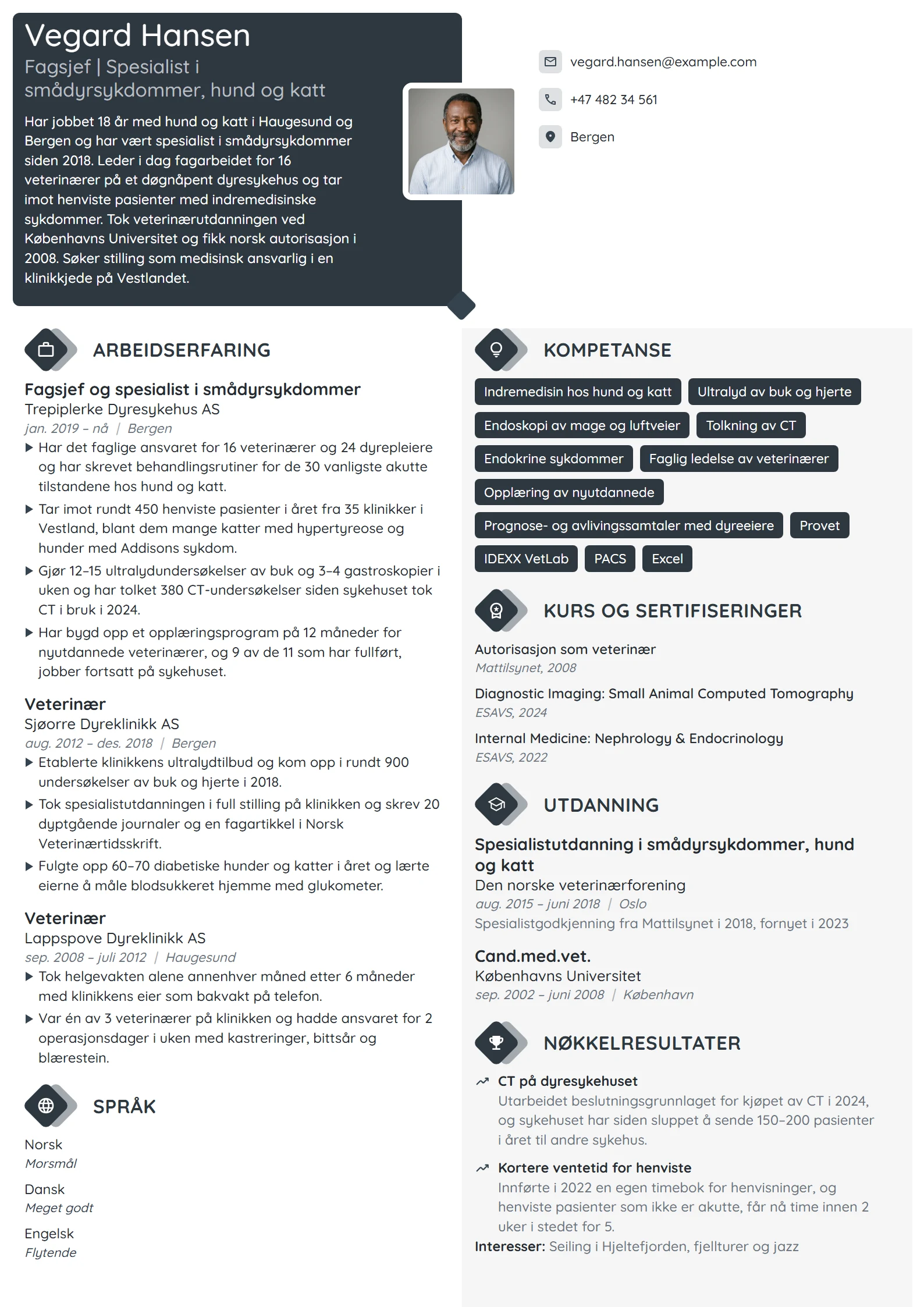 CV-eksempel for spesialist i smådyrsykdommer