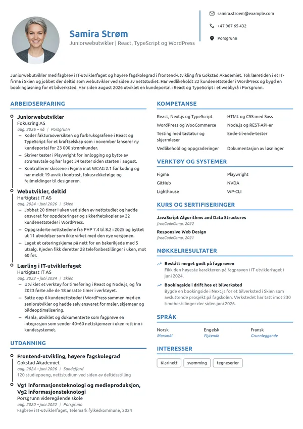 CV-eksempel for juniorwebutvikler med fagbrev