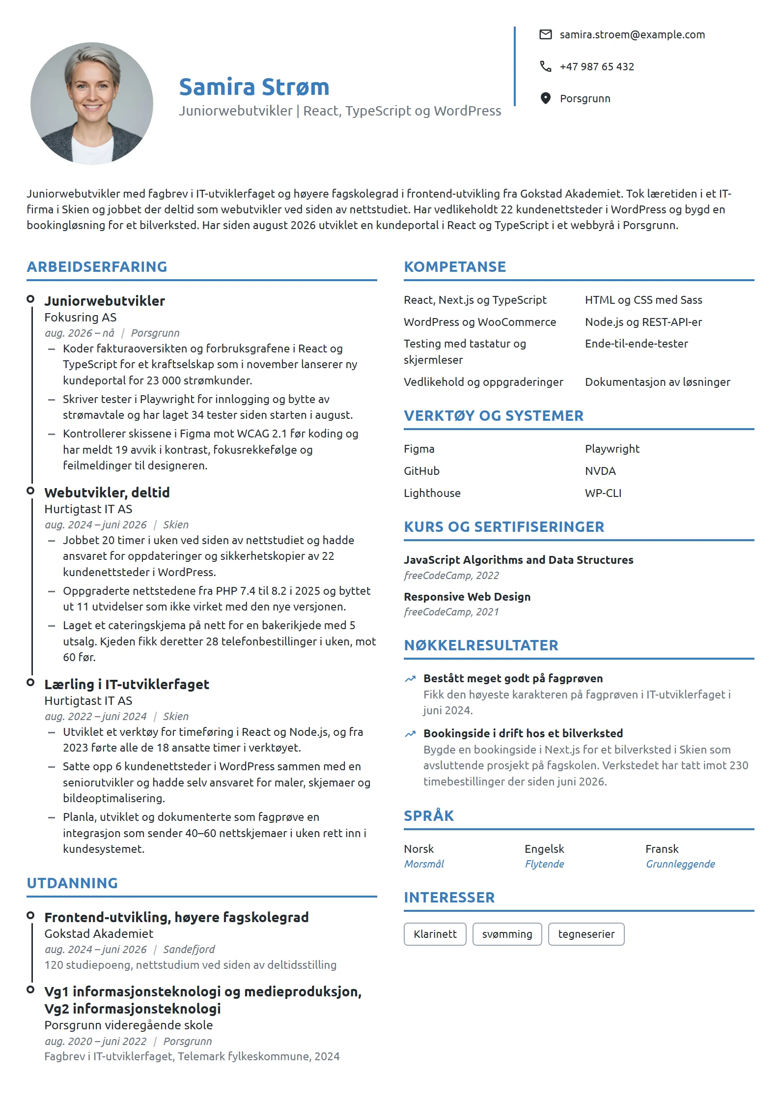 CV-eksempel for juniorwebutvikler med fagbrev