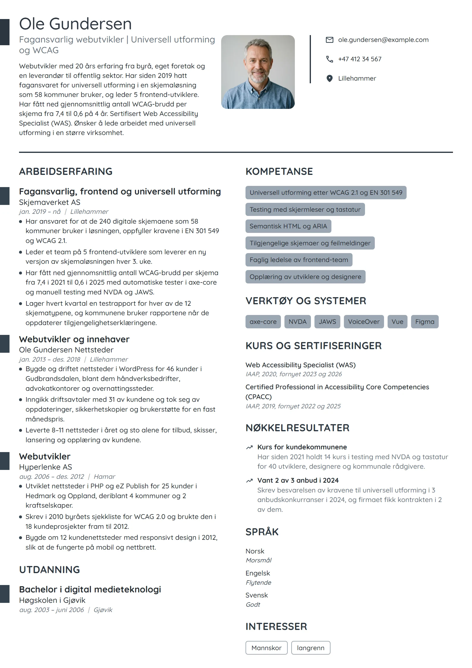 CV-eksempel for webutvikler, universell utforming