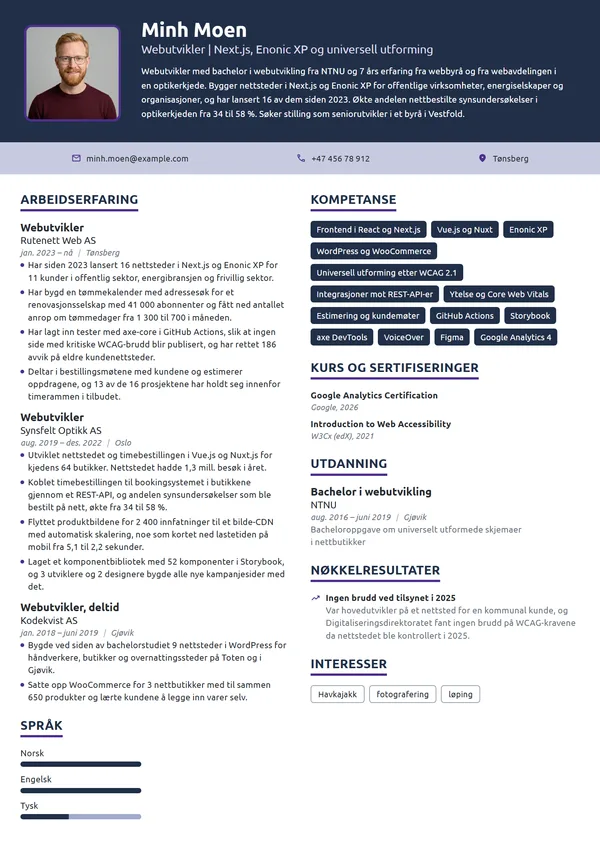 CV-eksempel for webutvikler i webbyrå