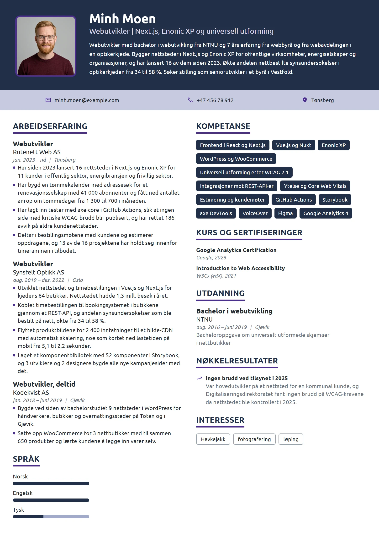 CV-eksempel for webutvikler i webbyrå